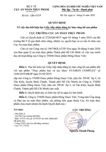 Thu hồi giấy xác nhận thực phẩm bảo vệ sức khỏe Evaskin Complex thu hoi giay xac nhan thuc pham bao ve suc khoe evaskin complex